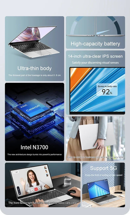 Ultra Slim 14.1" Laptop 16GB RAM 2TB SSD Intel N3700 Notebook Gamer  1920*1080  Display Office Study Computer PC Windows 11 Pro