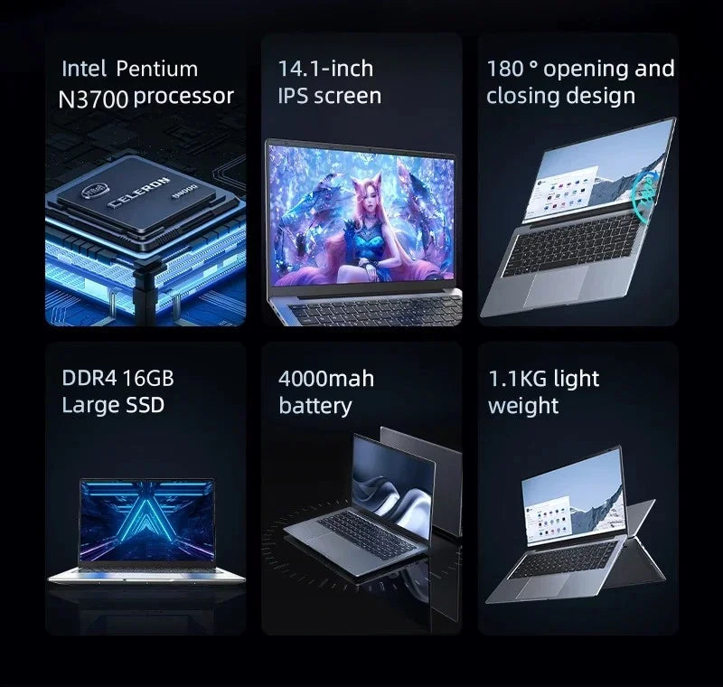 2024 Laptop Intel Pentium N3700 16GB RAM 2TB SSD Notebook 1920*1080 Resolution Windows 11 Unlock Computer Office Study gamer PC