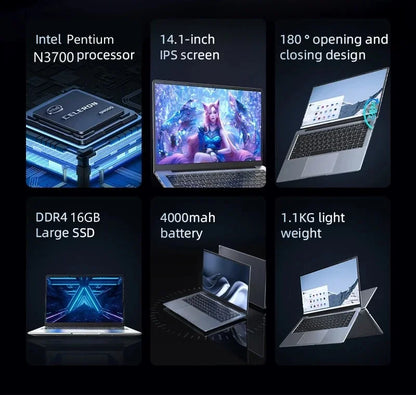 2024 Laptop Intel Pentium N3700 16GB RAM 2TB SSD Notebook 1920*1080 Resolution Windows 11 Unlock Computer Office Study gamer PC